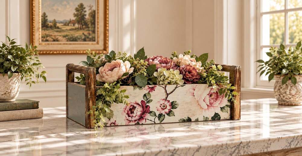 Pink Peony Floral Wood Planter Box w/Handles, Rustic Farmhouse (13.75”x5.5”x 6”)